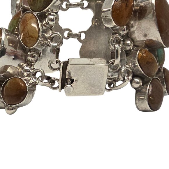 Native American Sterling Silver Brown Turquoise Wide Cluster Link Bracelet 19773 - Picture 6 of 10